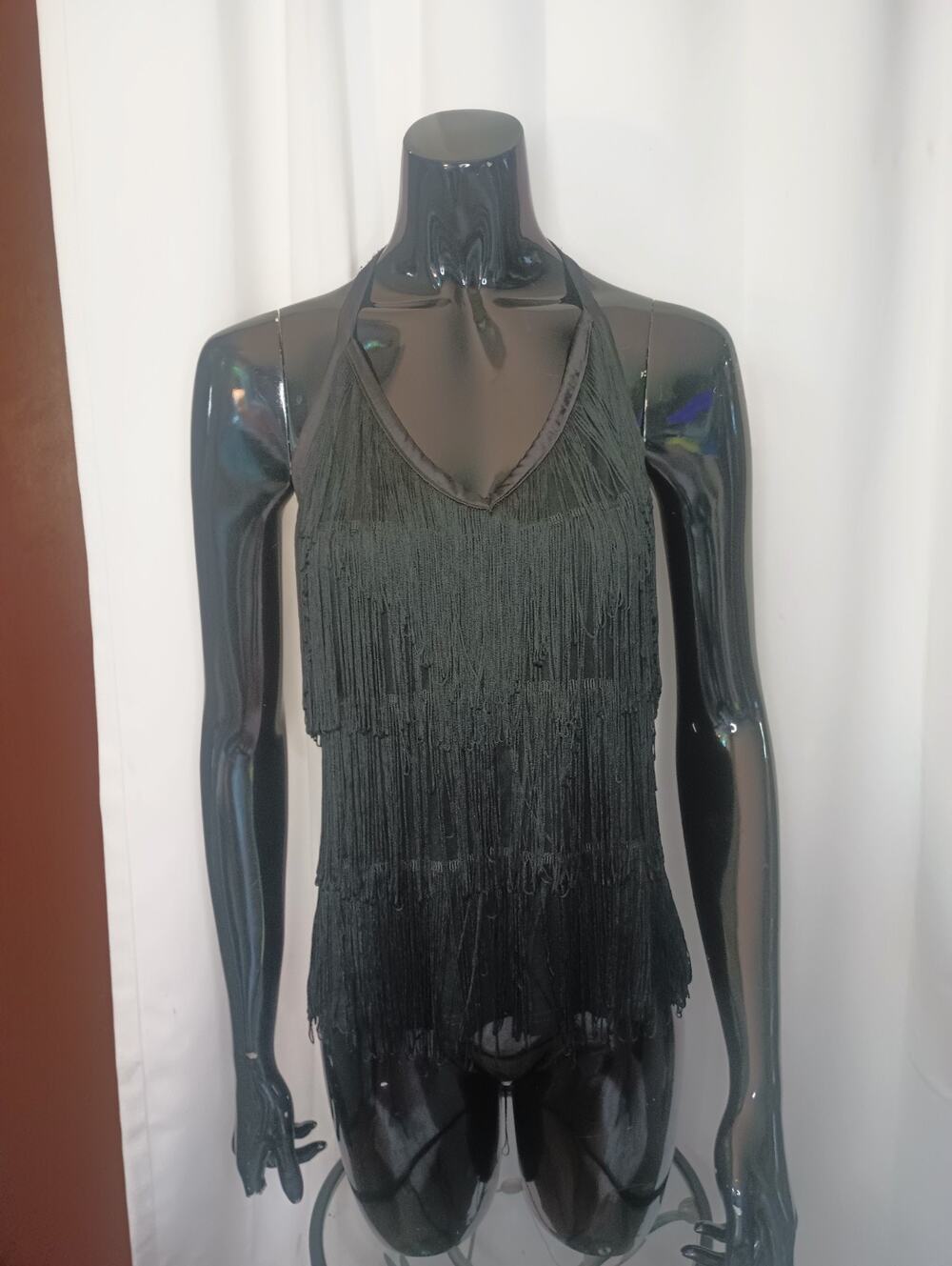 Vtg Dots Womens Y2K Fringe Flapper Halter Tank Top L Black Boho Festival Country